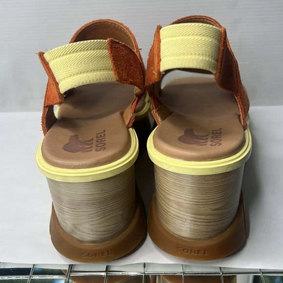 Sorel Sz 7 Joanie Burnt Orange Suede Yellow Leather Wedge Sandals - Picture 5 of 8